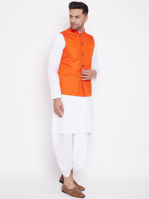 Vastramay Men's Orange And White Cotton Blend Jacket, Kurta and Dhoti Set